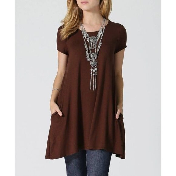 Casual Brown Tunic Shirt With Pockets By 42 Pops Size S - Picture 1 of 1